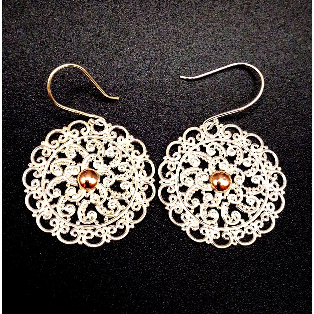 Sterling Silver & 18k Gold Dangle Earrings, Filigree Style. 1.5 Inch Drop